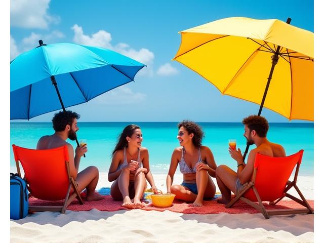 Group of diverse, happy beachgoers relaxing under two Beach Elevate umbrellas, sharing snacks and laughter.