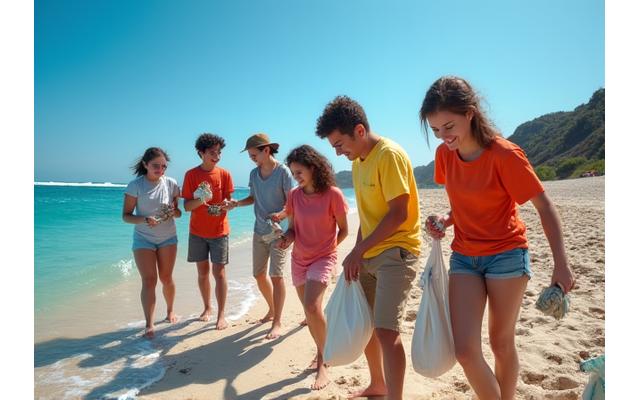 Diverse group of volunteers cleaning a scenic beach, picking up debris, with clear blue ocean in the background.
