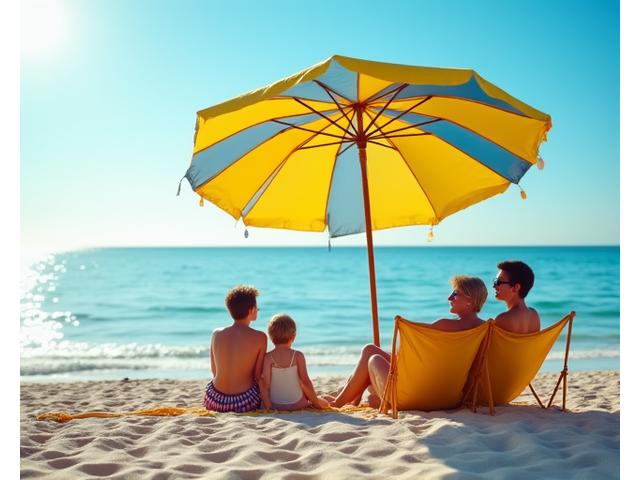 Family relaxing under a large, colorful beach umbrella on a sunny day