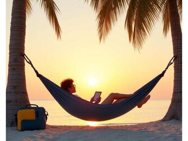 Person relaxing in a hammock on a beach, reading on a tablet with beach gear nearby.